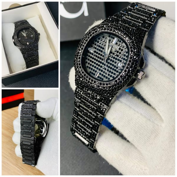 NEW Watch Collection Black Stone / Blacked Iced Out Stain-Less Steel Chain Watch For Mens Fashion (Black Without Box)